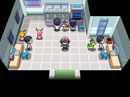 The inside of the season lab, Hilbert from pokemon black and white is standing in the center.
  On the left is a scientist next to a desk facing right, to his left are two deerling; one pink and one orange, running around each other.
  At the back of the lab are two scienctists; a man and a woman, between them is a gray deerling, they are all looking at greenhouse and its monitoring equipment;  which are also inside the lab.
  To the right is a scientist next to a desk, facing right; directly behind him is a green deerling; also facing right