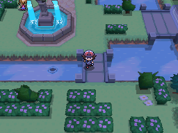 Hilbert from pokemon black and white crossing a bridge that goes over a river that spans from the left to the right; there is a ripple in the river to the left of the bridge.