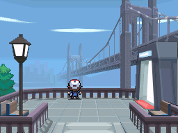 Hilbert from pokemon black and white looking at a gray suspension bridge from afar during the day; the bridge's name is 'Skyarrow bridge'.