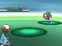 A battle: Hilbert from pokemon black and white is standing on the left, and has not yet sent out their pokemon, Tornadus is on the right.