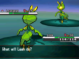 A battle: on the left is a leavanny; her name is 'Leah', on the right is another leavanny, both leavanny are female. The text on the bottom reads 'What will Leah do?'