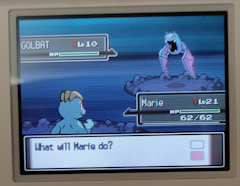A battle, on the left is a machamp; her name is 'Marie', on the right is a golbat.