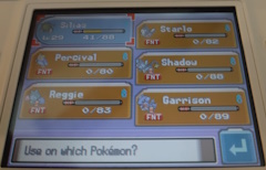 The pokemon party screen. The lead pokemon is currently a scyther, named 'Silias'. All of the other pokemon in the party are fainted. There is a textbox at the bottom, which says 'Use on which pokemon?'