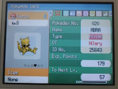 The pokemon info tab of an abra, his name is 'Kazza', his original trainer was Hilary.