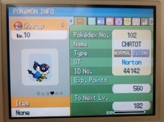 The pokemon info tab of a chatot, his name is 'Charap', his original trainer was Norton.
