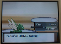A battle. On the left is a scyther. his name is 'Silias', he has 48 out of 88 health points. On the right is nobody. There is a textbox at the bottom, it says 'The foe's FLOATZEL fainted!'