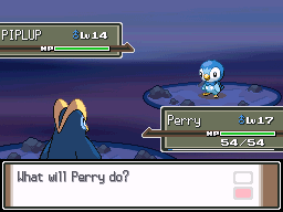 A battle: on the left is a prinplup; his name is 'Perry', on the right is a piplup.