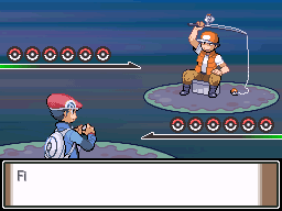 A trainer battle: on the left is Lucas from pokemon DPPt, on the right is a fisherman, Both have six pokemon.