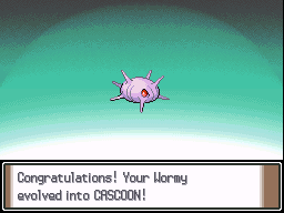 'Congratulations! Your Wormy evolved into CASCOON!'